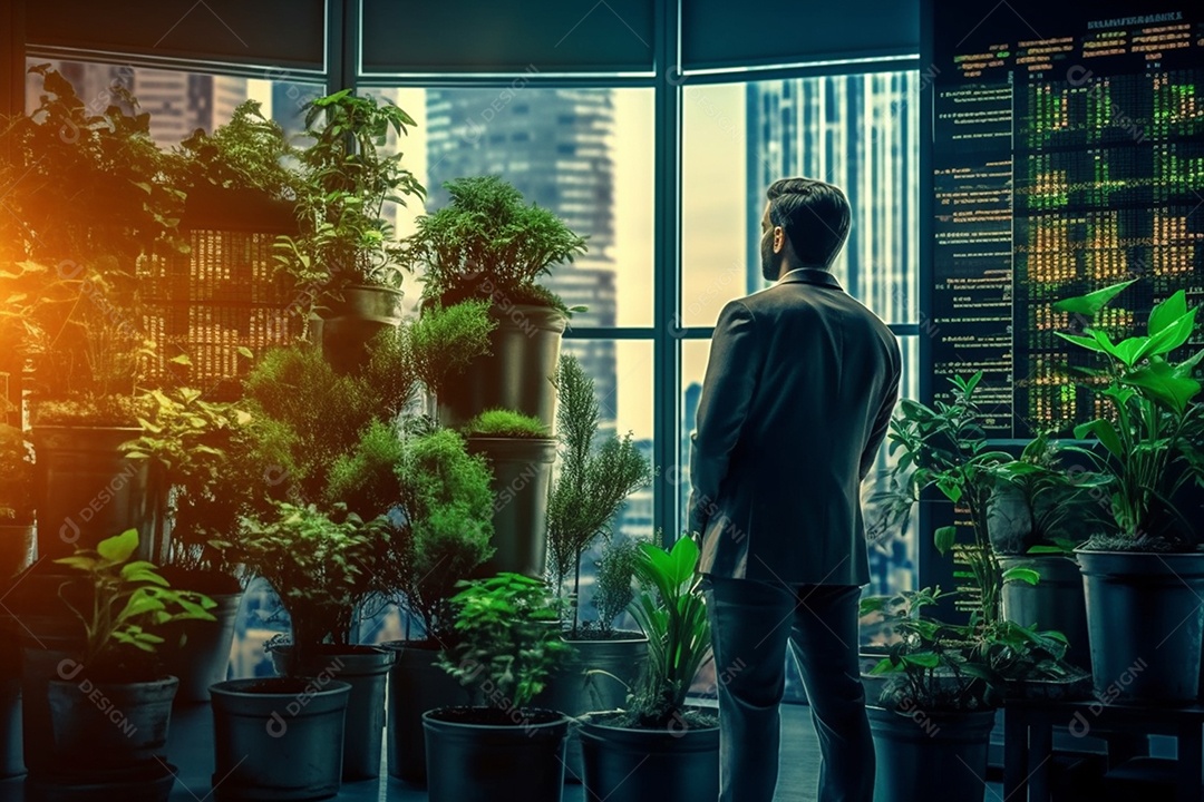 Homem com fundo de telas de investimentos