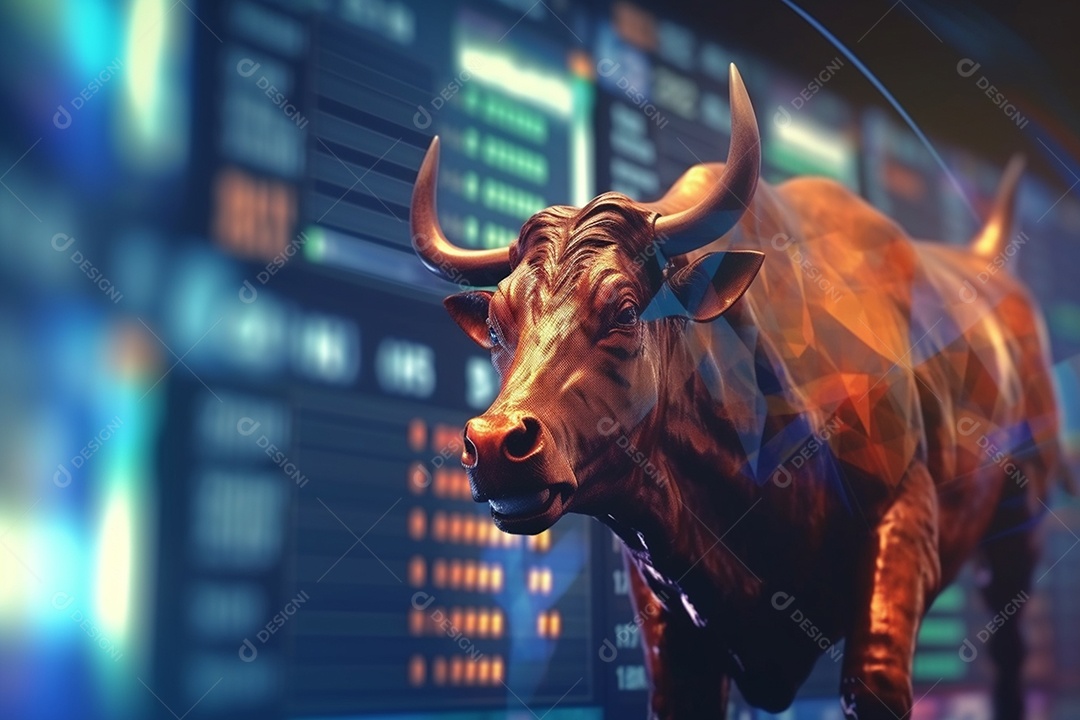 Escultura de boi sobre fundo de telas de investimentos