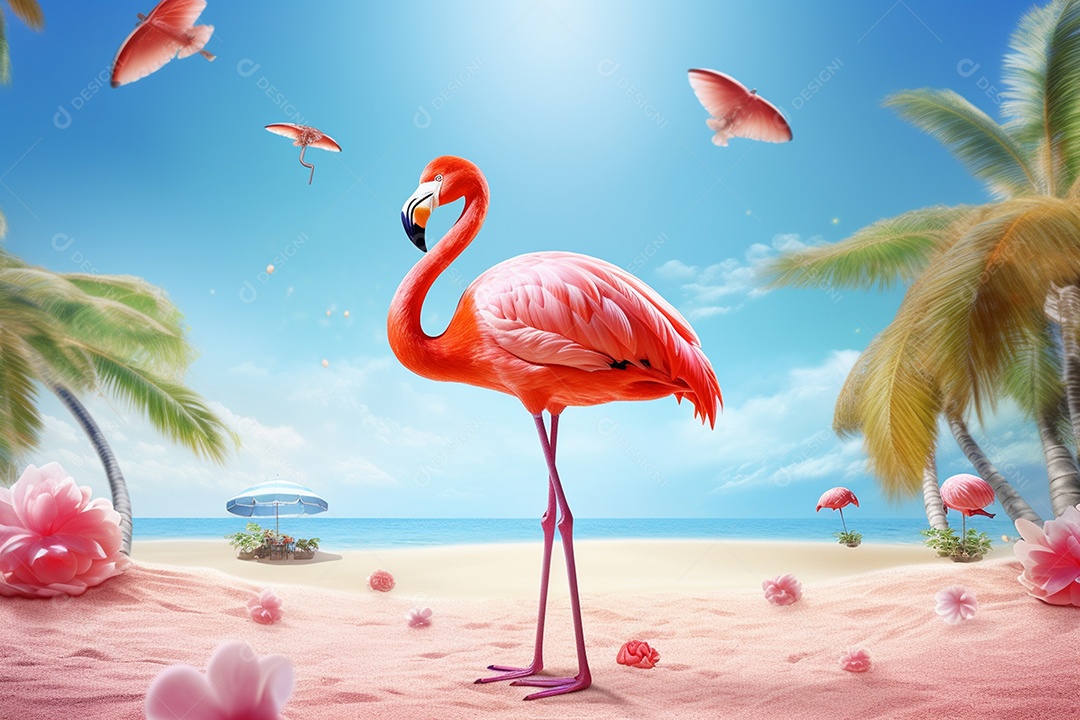 Flamingo vermelho em fundo de praia
