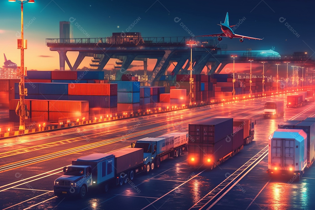 Rua movimentada com veículos e caminhões