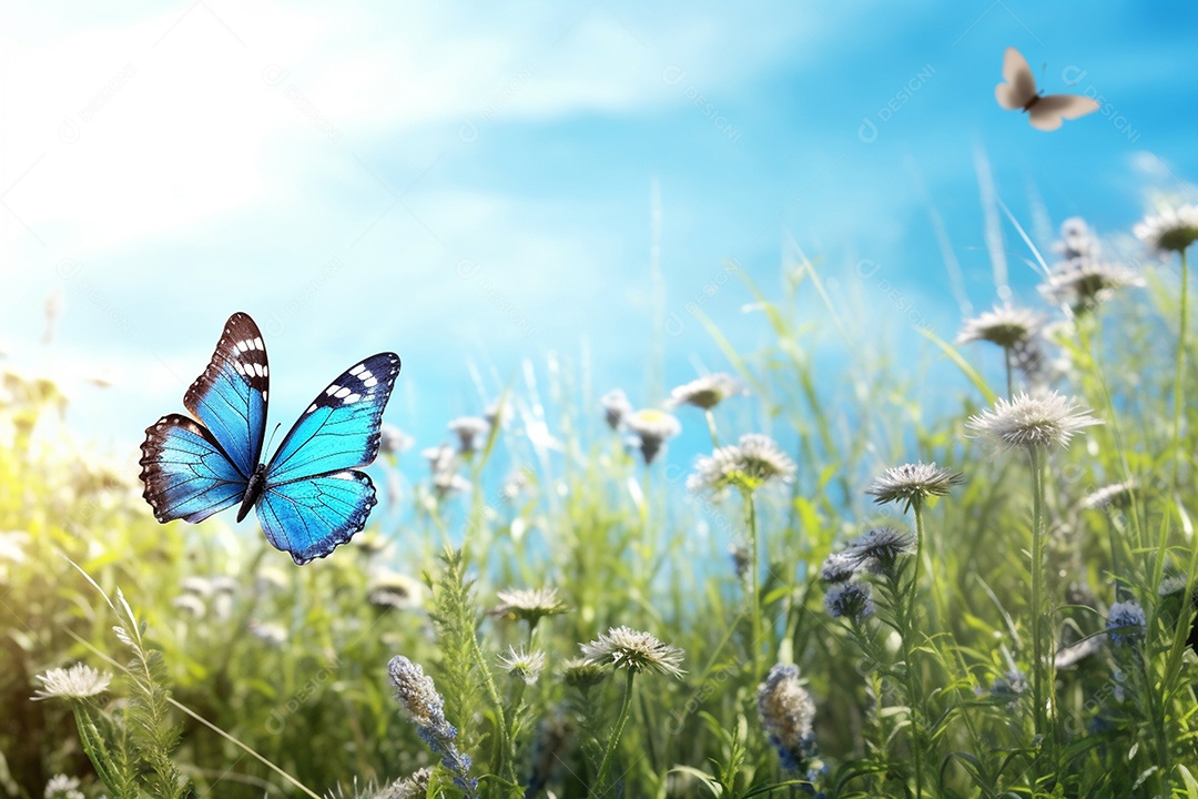 Lindo jardim florido com borboleta azul