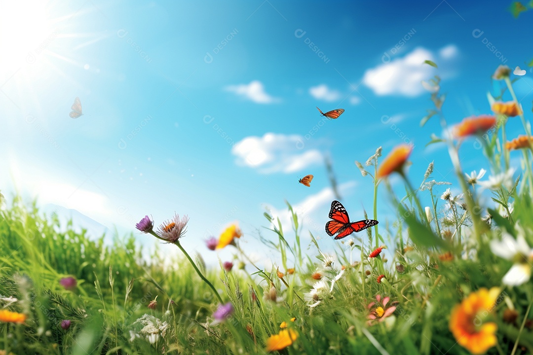 Lindo jardim florido com borboletas