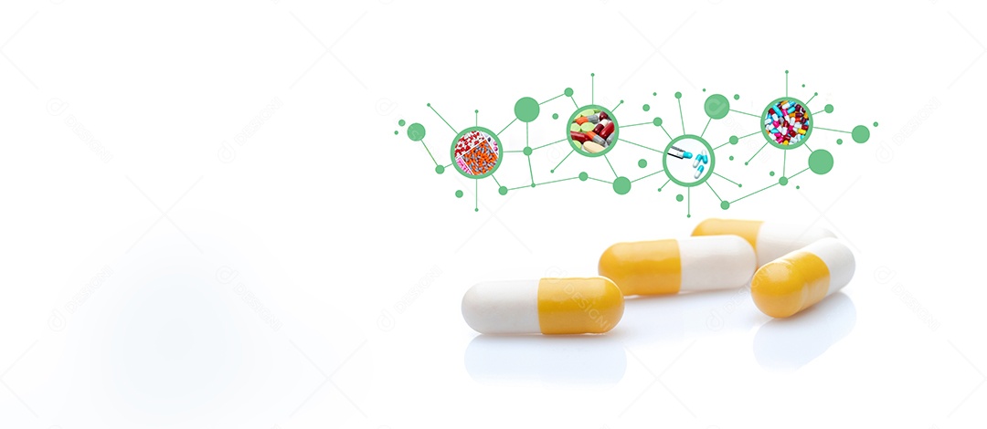 Comprimidos de cápsulas de antibióticos em fundo branco