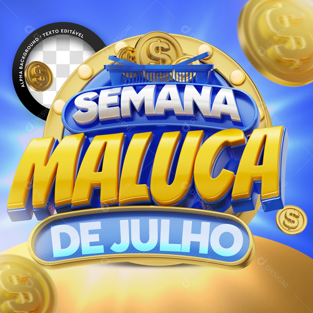 Selo 3D Azul Semana Maluca De Julho Para Composição PSD