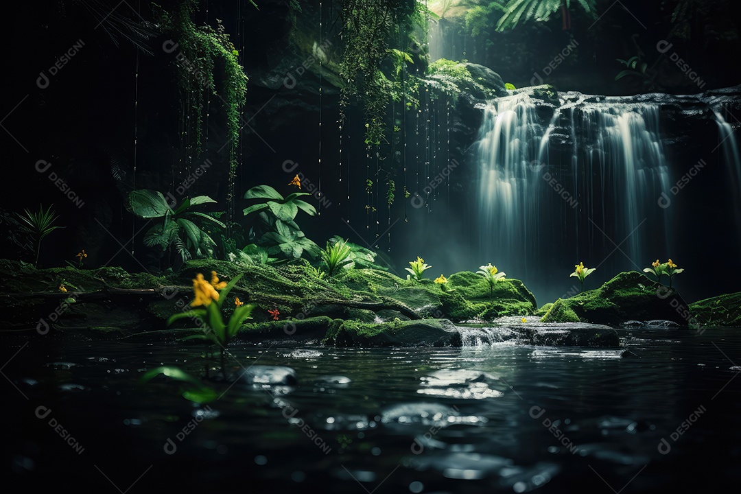 Um lindo jardim mágico com cachoeiras sapucaias e vaga-lumes gerado por IA