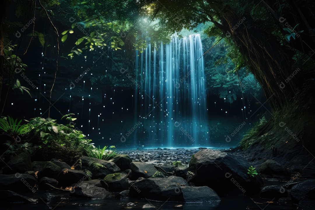 Um lindo jardim mágico com cachoeiras sapucaias e vaga-lumes gerado por IA