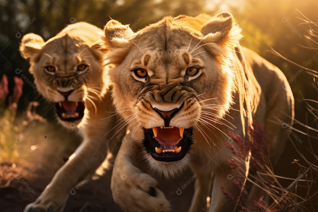 Leoas furiosas lutando câmera de corpo inteiro fundo de savana gerado por IA