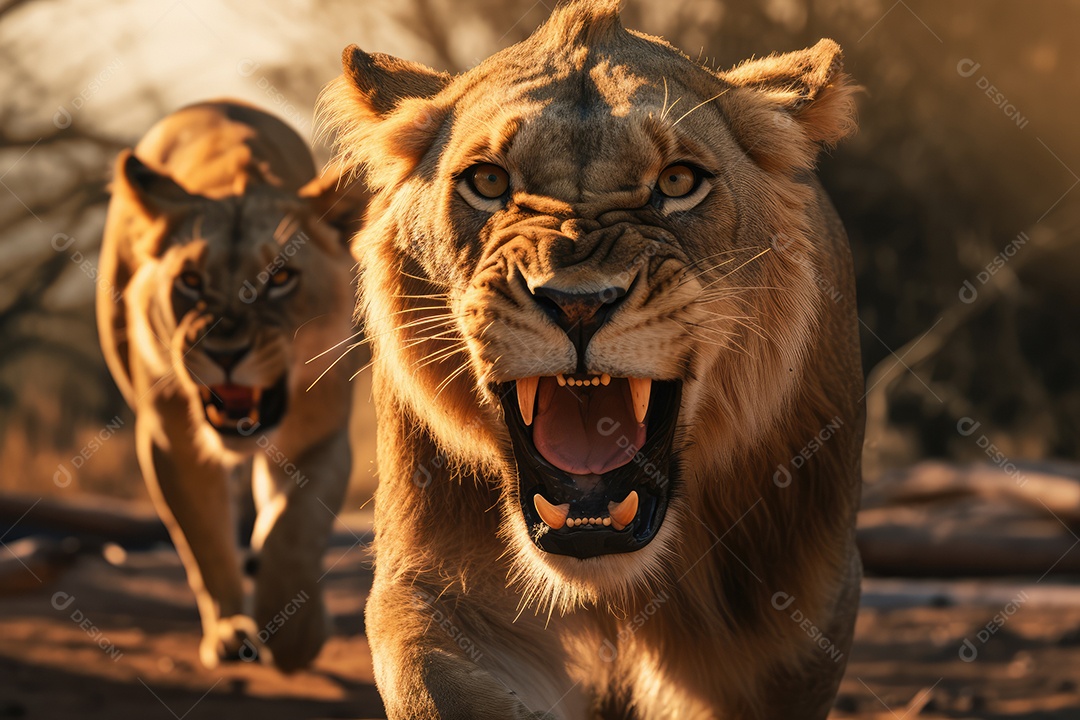 Leoas furiosas lutando câmera de corpo inteiro fundo de savana gerado por IA
