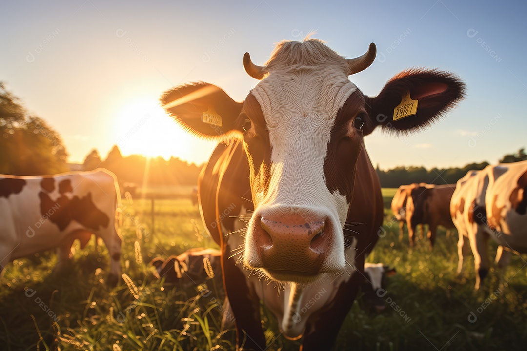 Linda foto de uma fazenda com vacas pastando em um lindo pôr do sol gerada por IA