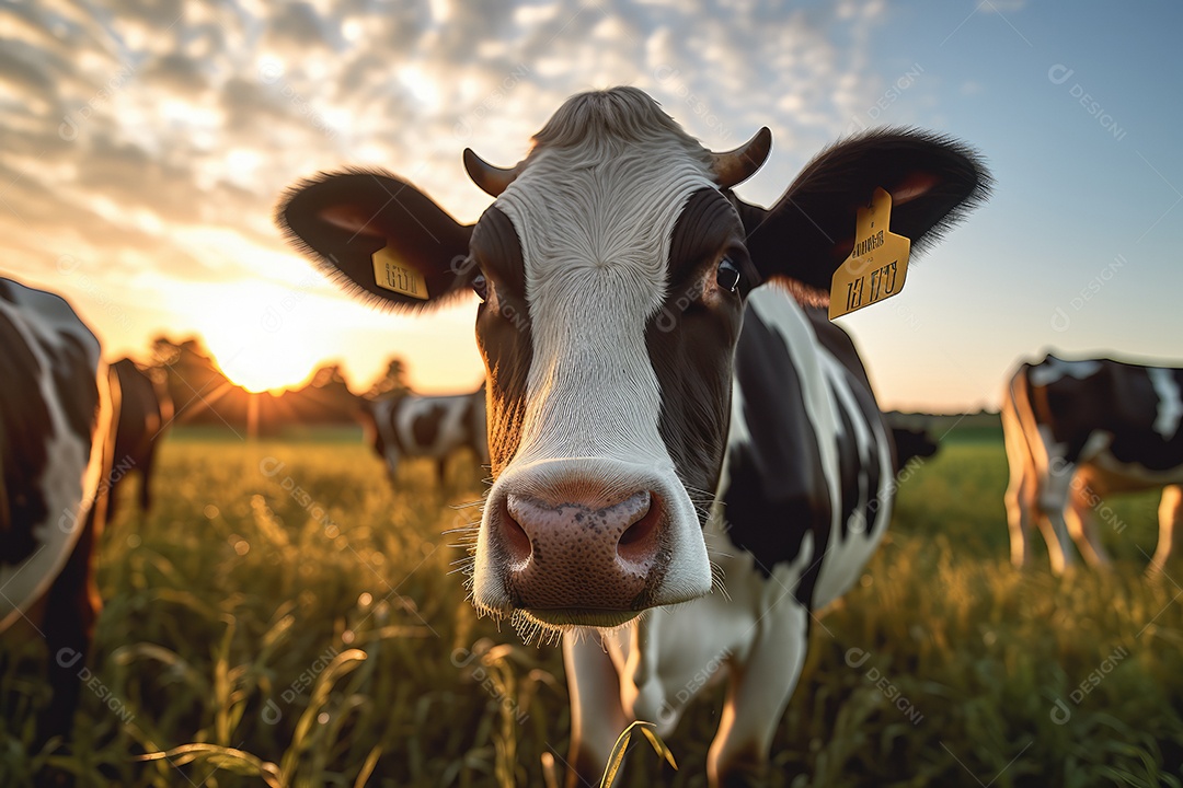 Linda foto de uma fazenda com vacas pastando em um lindo pôr do sol gerada por IA