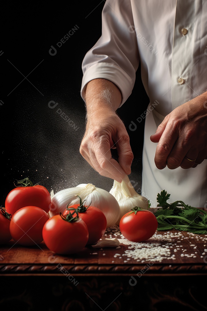 Nesta imagem encantadora para um livro gastronômico as mãos talentosas de chefs geradas por IA