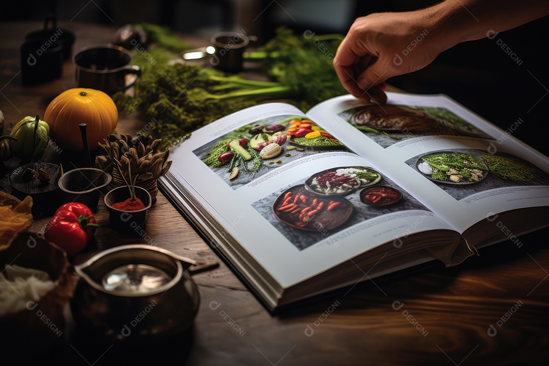 Nesta imagem encantadora para um livro gastronômico as mãos talentosas de chefs geradas por IA