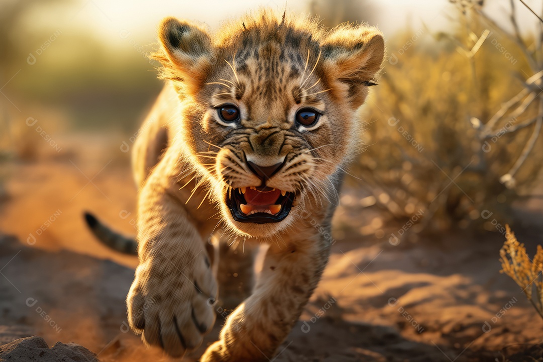 Filhote de leão brincando câmera de corpo inteiro em fundo de savana gerado por IA