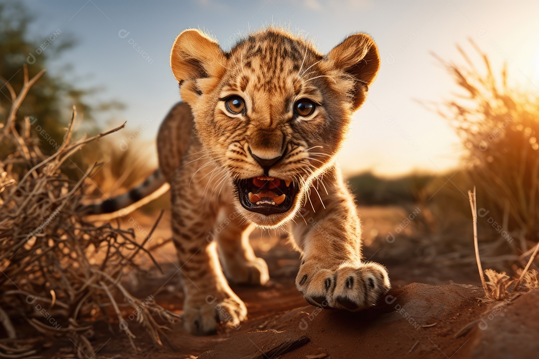 Filhote de leão brincando câmera de corpo inteiro em fundo de savana gerado por IA