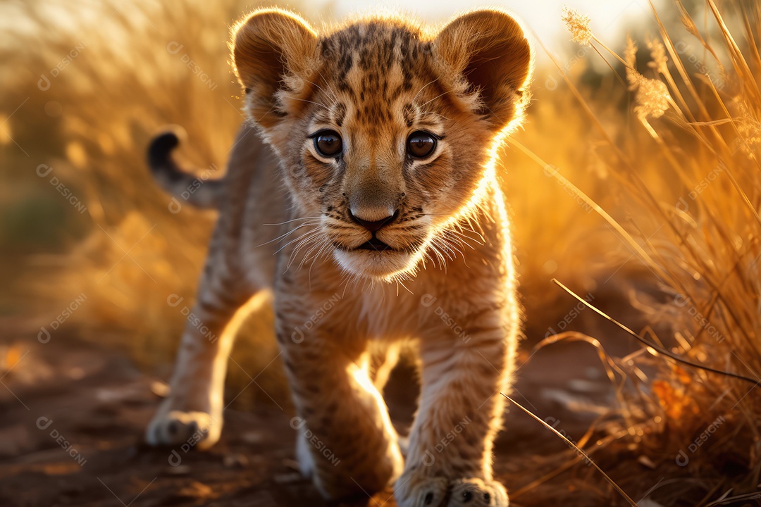 Filhote de leão brincando câmera de corpo inteiro em fundo de savana gerado por IA
