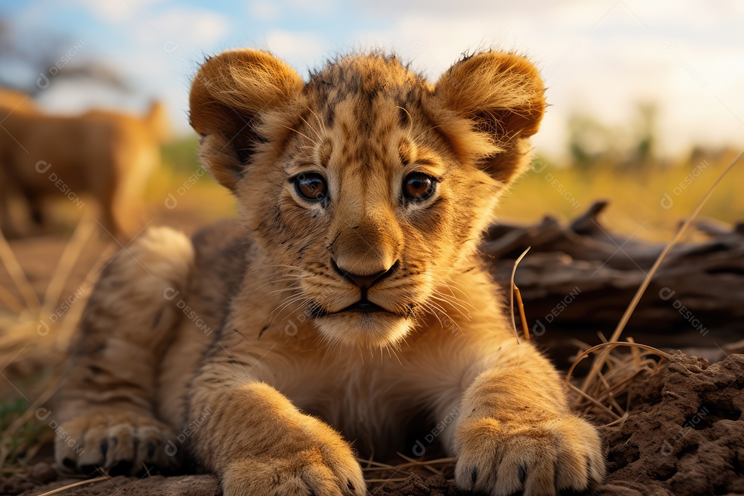 Filhote de leão brincando câmera de corpo inteiro em fundo de savana gerado por IA