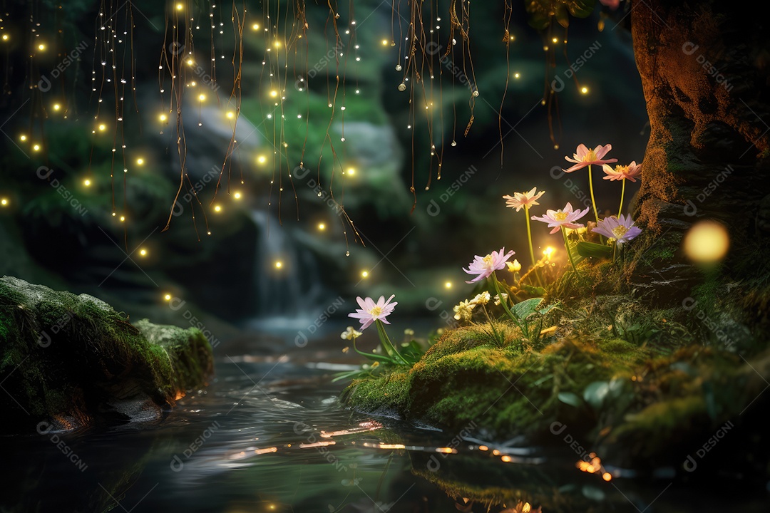 Um lindo jardim mágico com cachoeiras sapucaias e vaga-lumes gerado por IA