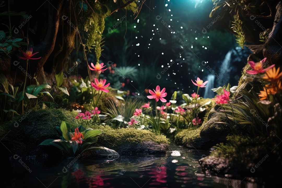 Um lindo jardim mágico com cachoeiras sapucaias e vaga-lumes gerado por IA