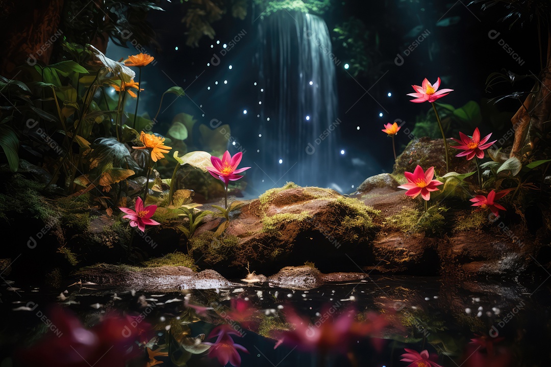 Um lindo jardim mágico com cachoeiras sapucaias e vaga-lumes gerado por IA