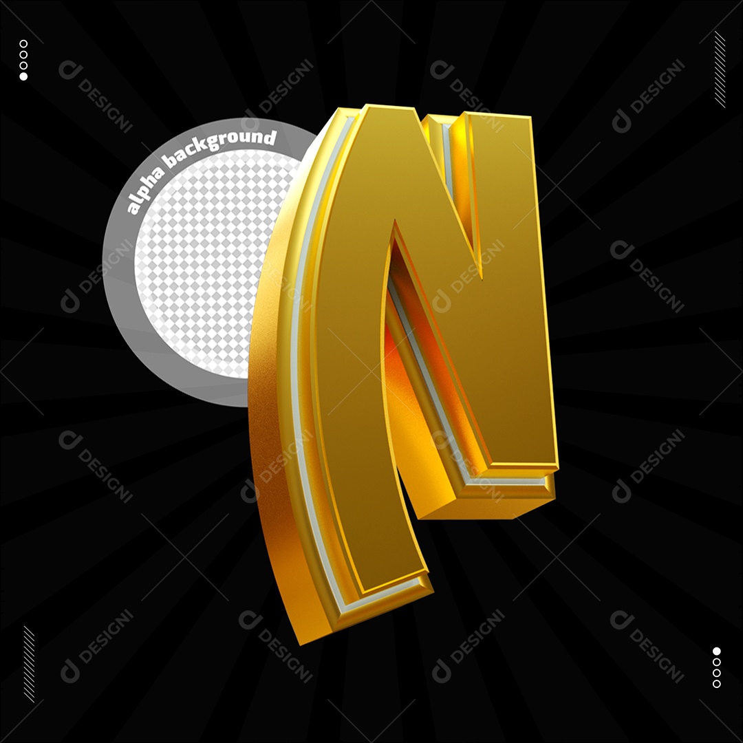 Elemento 3D Letra N Dourado Para Composição PSD