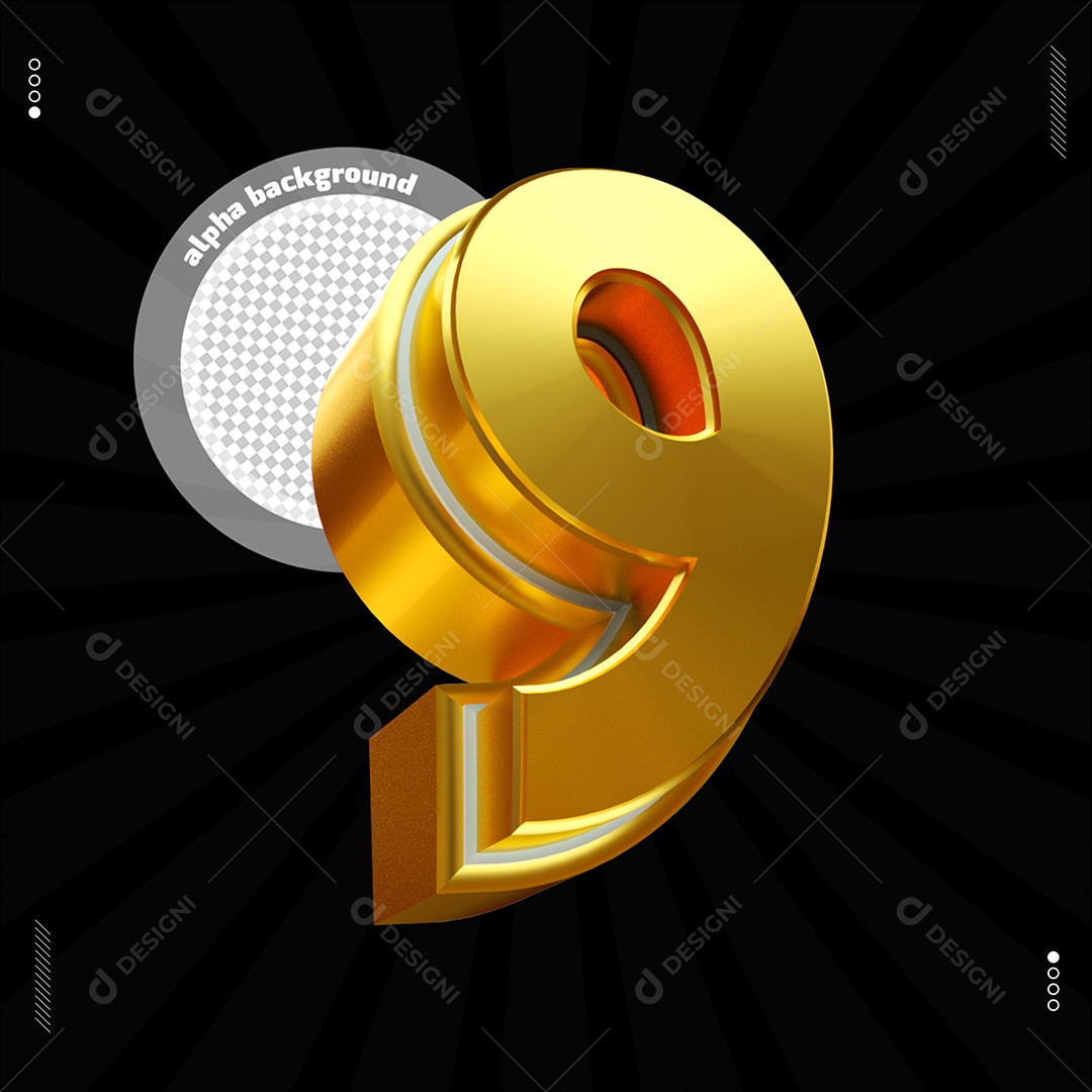 Número 3D 9 Dourado Para Composição PSD