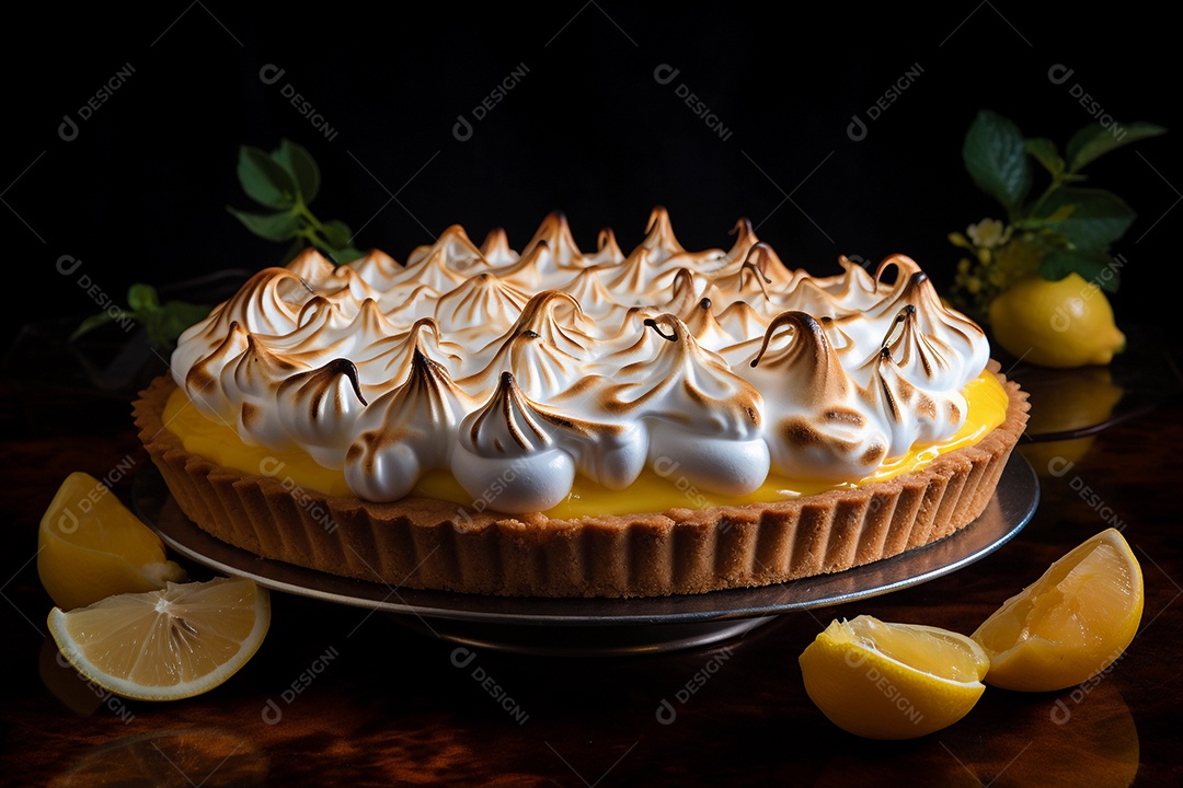 Torta de limão e merengue em um fundo escuro