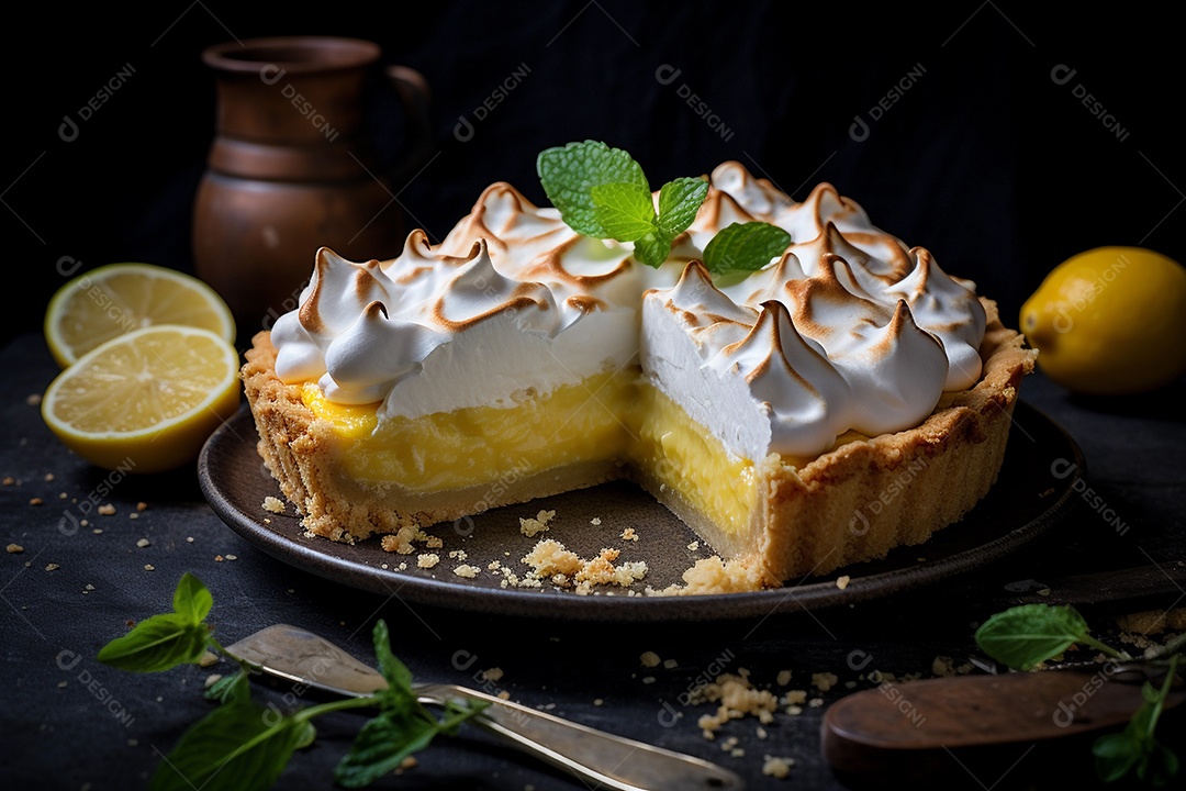 Torta de limão e merengue em um fundo escuro