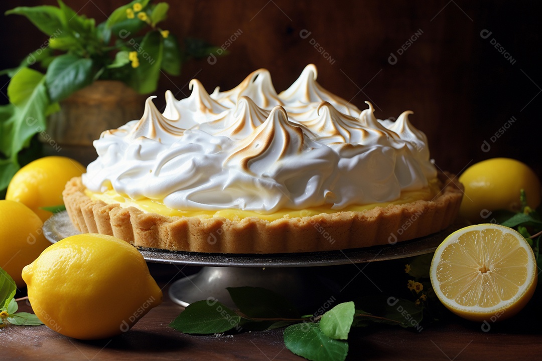 Torta de limão e merengue em um fundo escuro