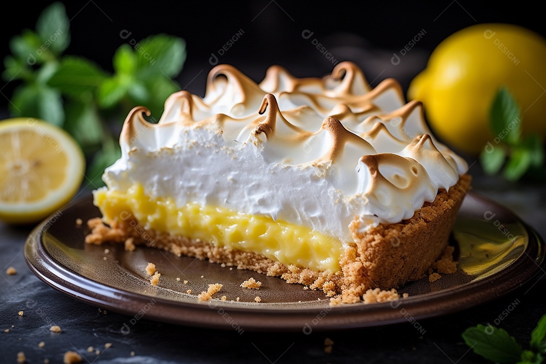 Torta de limão e merengue em um fundo escuro