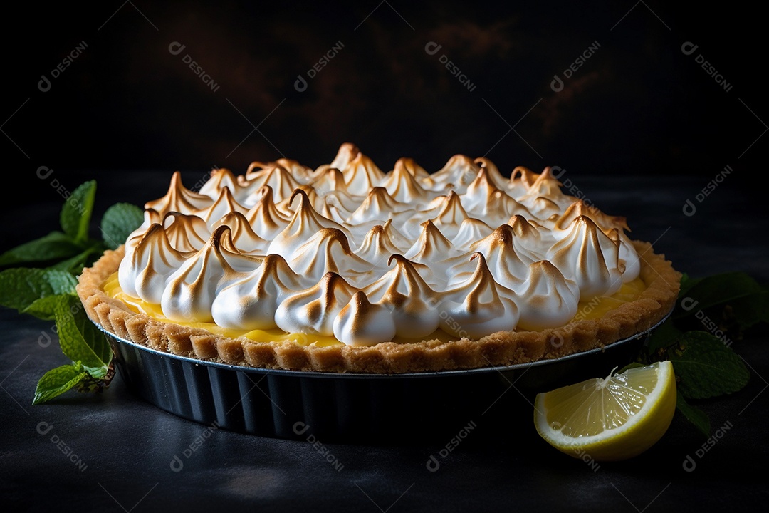 Torta de limão e merengue em um fundo escuro