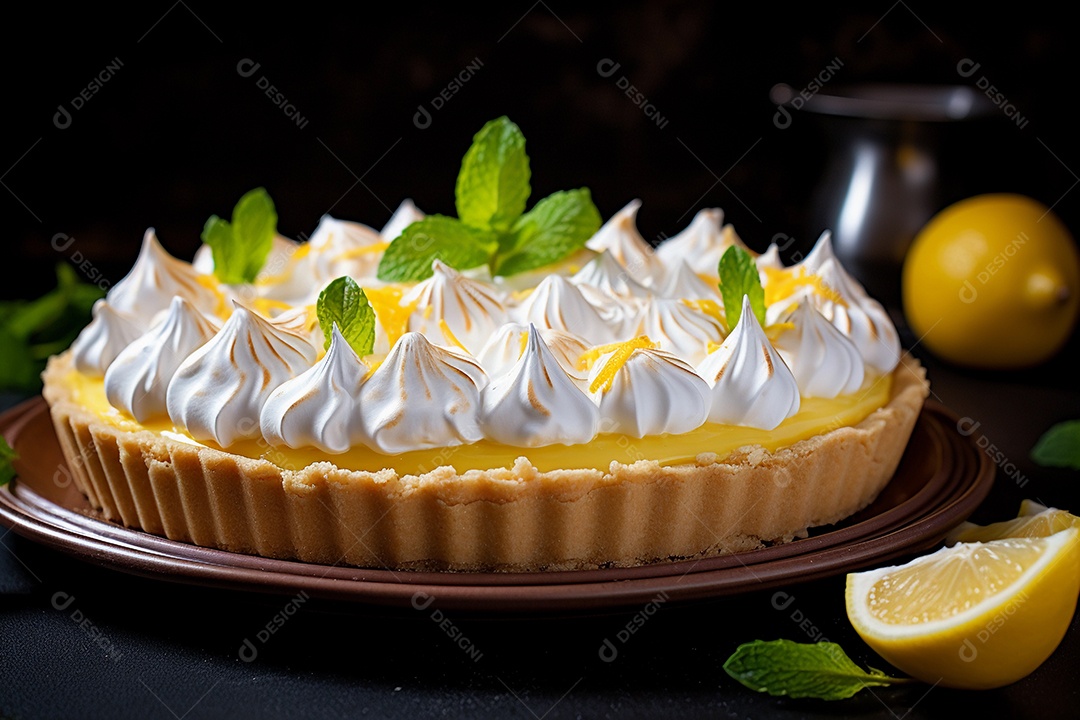 Torta de limão e merengue em um fundo escuro