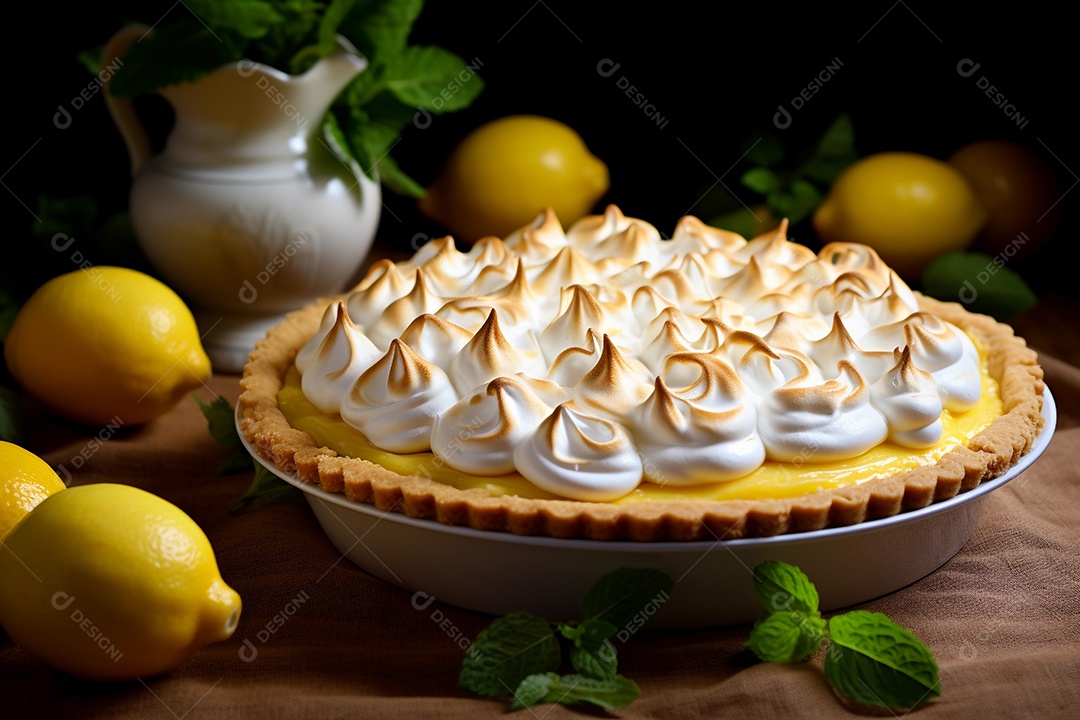 Torta de limão e merengue em um fundo escuro