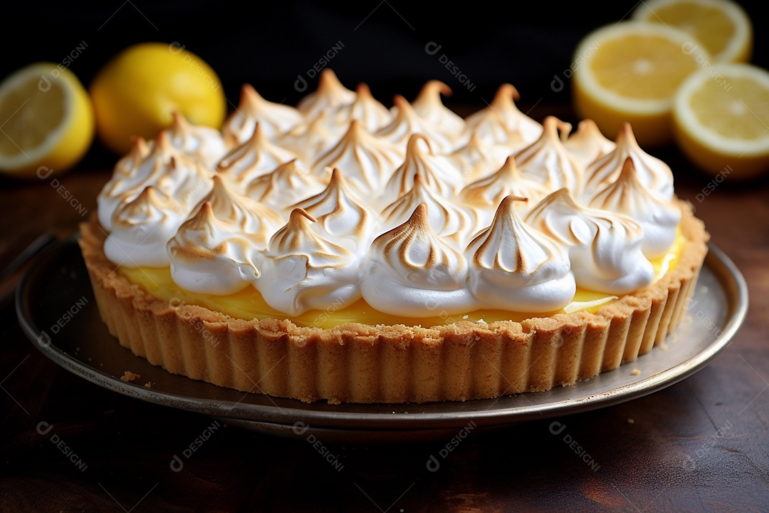 Torta de limão e merengue em um fundo escuro