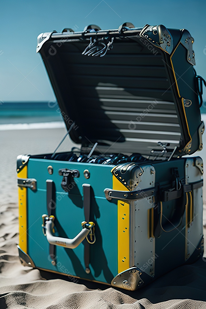 Mala sobre uma praia deserta