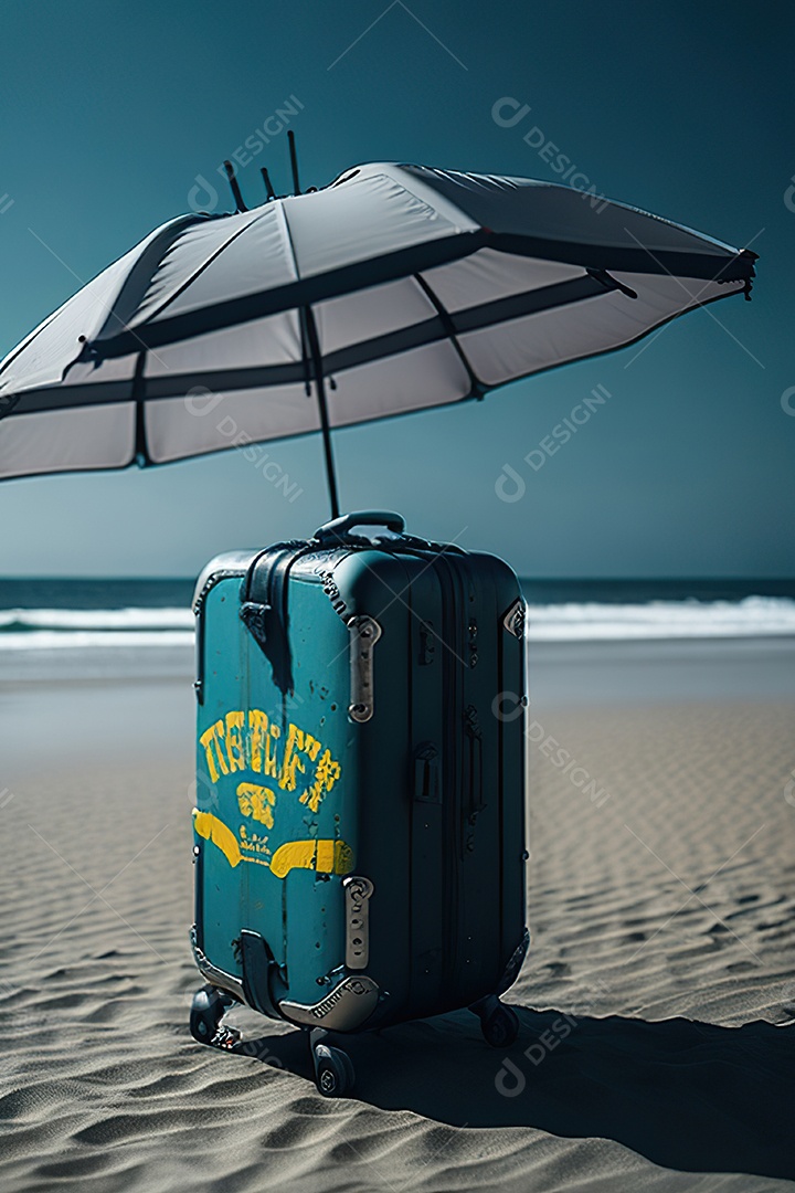 Mala sobre uma praia deserta