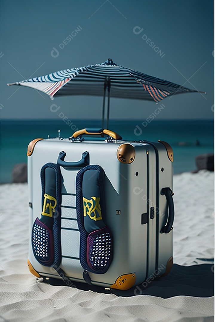 Mala sobre uma praia deserta