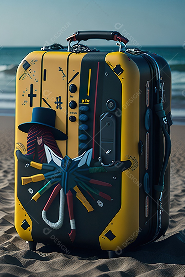 Mala sobre uma praia deserta