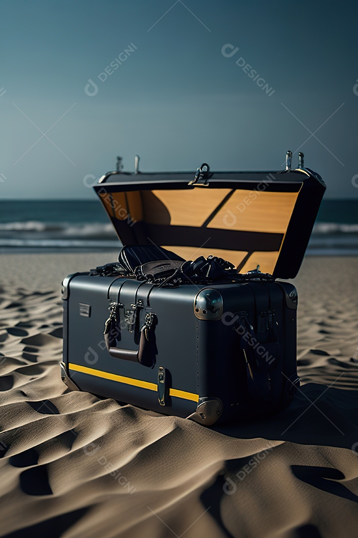 Mala sobre uma praia deserta