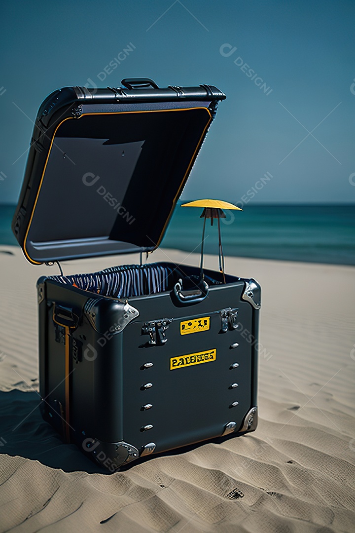 Mala sobre uma praia deserta