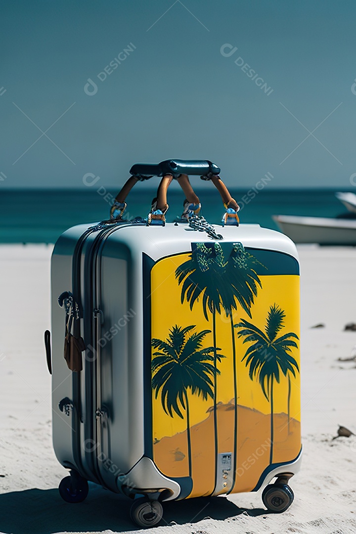 Mala sobre uma praia deserta