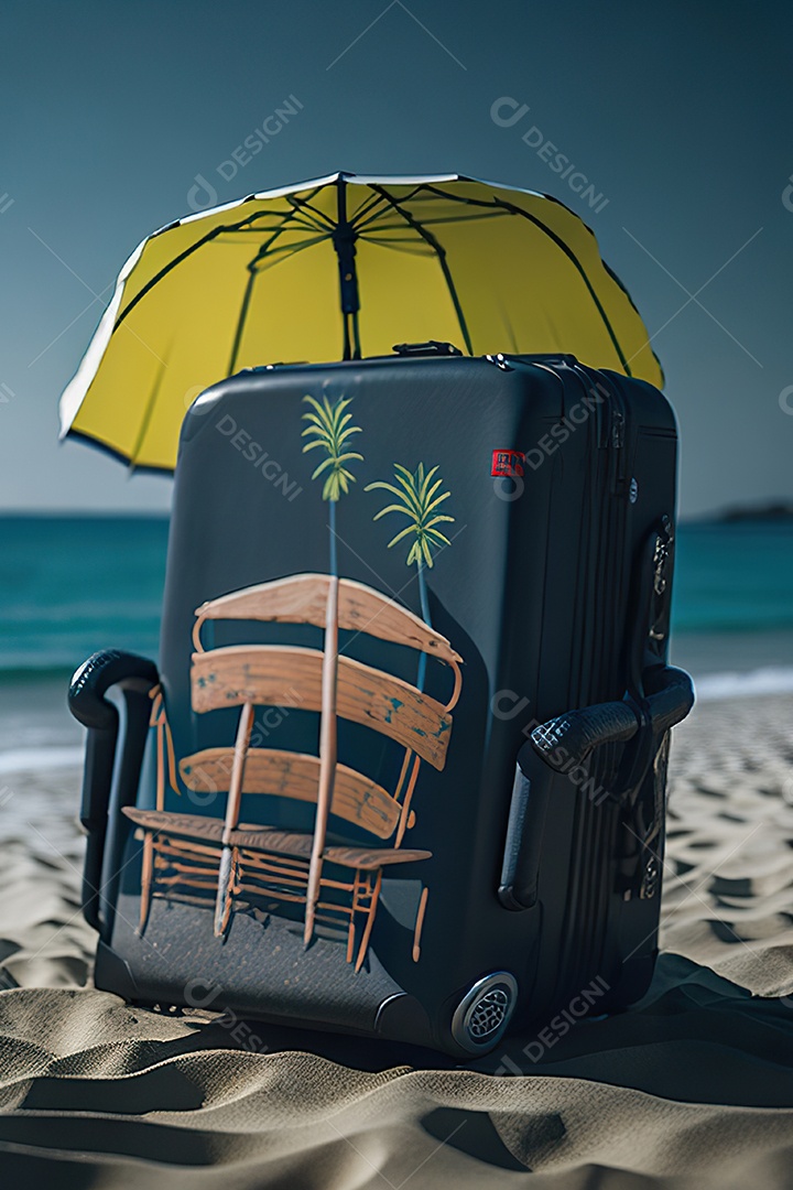 Mala sobre uma praia deserta