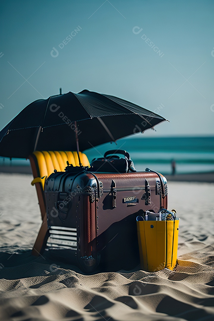 Mala sobre uma praia deserta