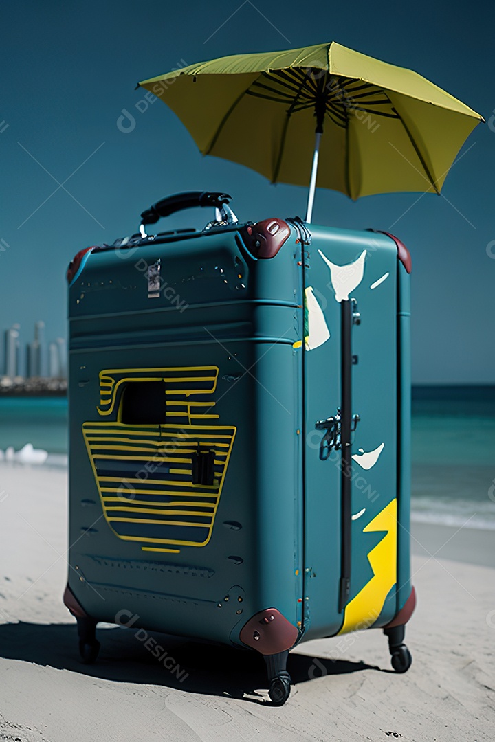 Mala sobre uma praia deserta