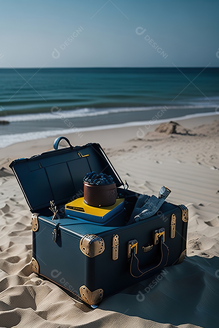 Mala sobre uma praia deserta