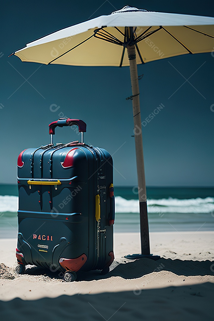 Mala sobre uma praia deserta