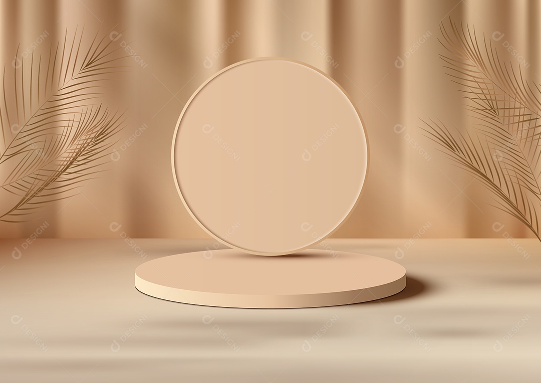 Suporte de pódio bege elegante realista 3D adornado pano de fundo do círculo com folhas de palmeira em um fundo marrom.