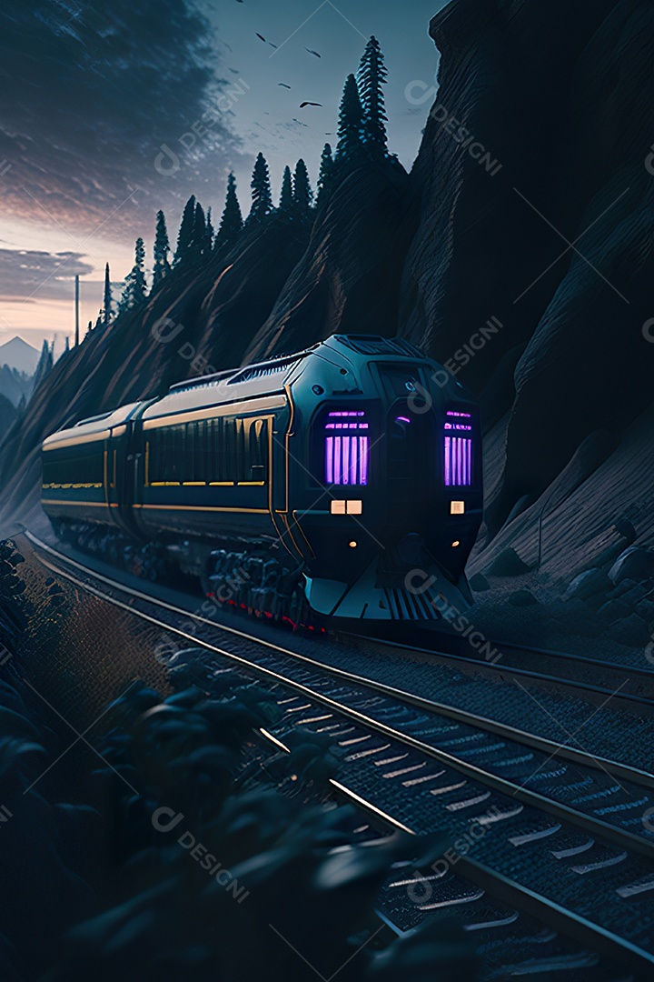 Trem futurista passando pelo cyberp