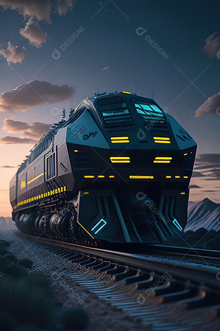 Trem futurista passando pelo cyberp