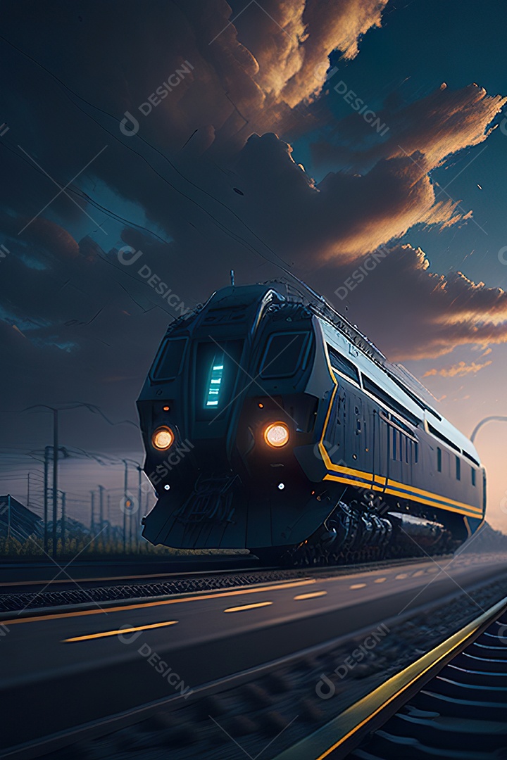 Trem futurista passando pelo cyberp