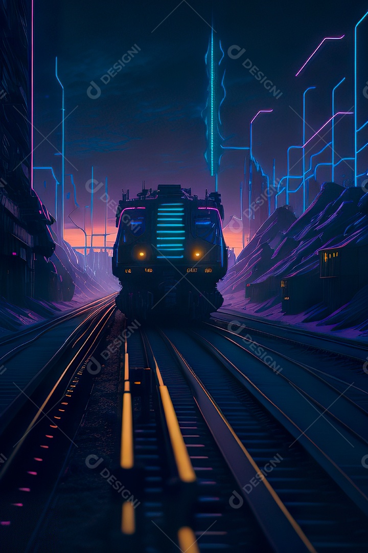 Trem futurista passando pelo cyberp